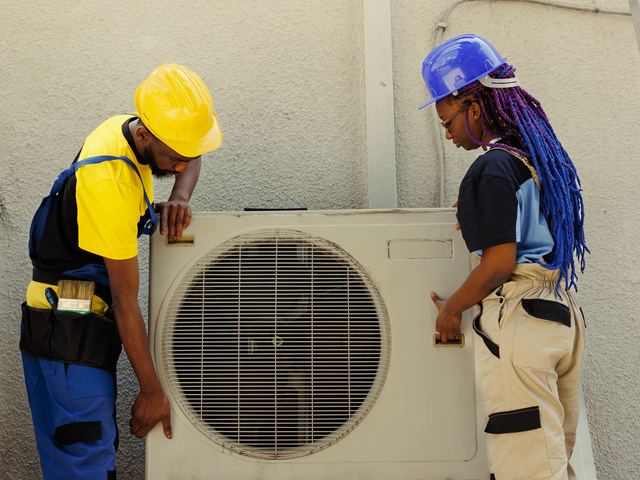 Un technicien installe le groupe extérieur d'un climatiseur